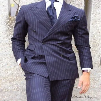 

2019 Men Suit 2 Pieces Double Breasted Suits Navy Striped Tuxedo Wedding Suits for Men Slim Fit tuxedos (Jacket+Pants)