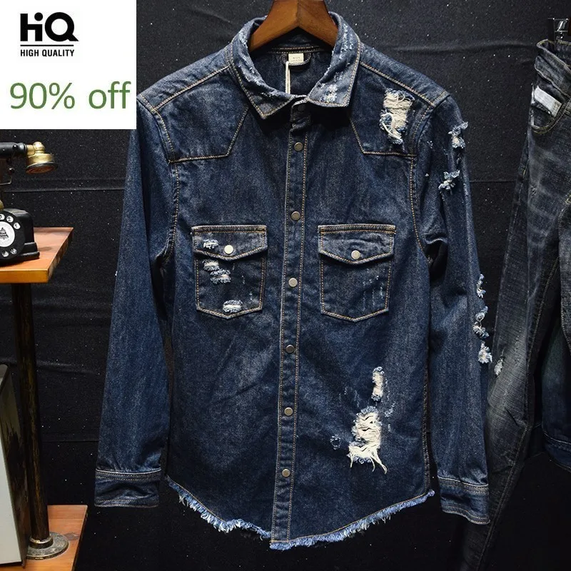 

Camisa Masculina 2020 Spring Fasahion Men's Shirt Casual Slim Fit Blouse Hip Hop Hole Ripped Jeans Shirts Man Long Sleeve Blusas
