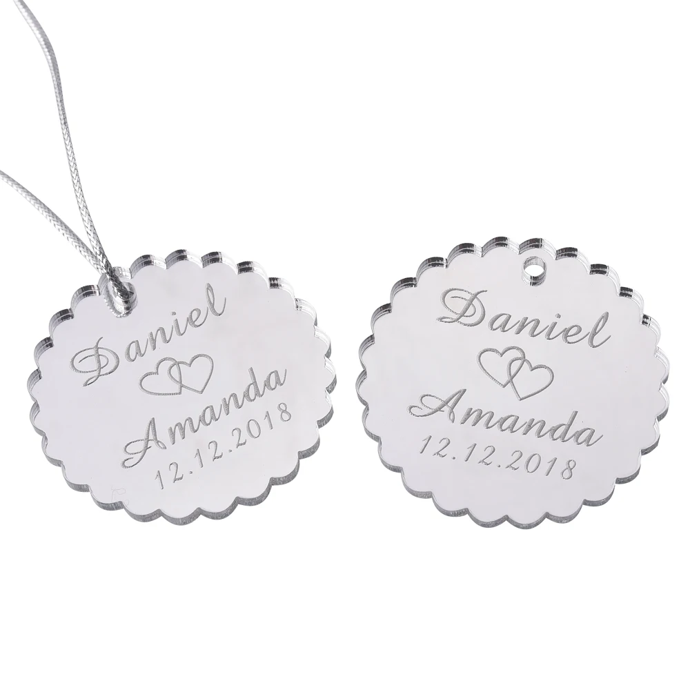 

Personalized Engraved Silver Mirror Round Circle Wedding Tags, Baby Shower Gift Tags, Christmas Decor, Favors, 4cm, 100Pcs