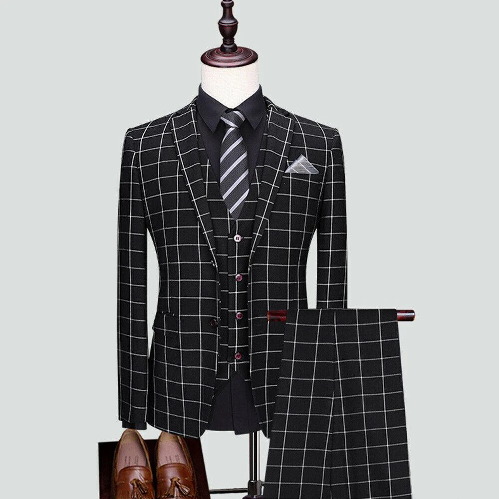 

Spring /Autumn Business Mens Suits Black White Plaid Check 3 Pieces Groomsman Blazer Formal Wedding Tuxedos Trajes De Hombre
