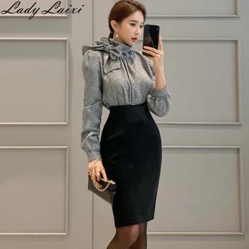 

2020 Spring Sexy OL Work 2 Pieces Set bow puff sleeve Plaid Blouses & Sheath Pencil Skirt Office Lady Skirts Suits