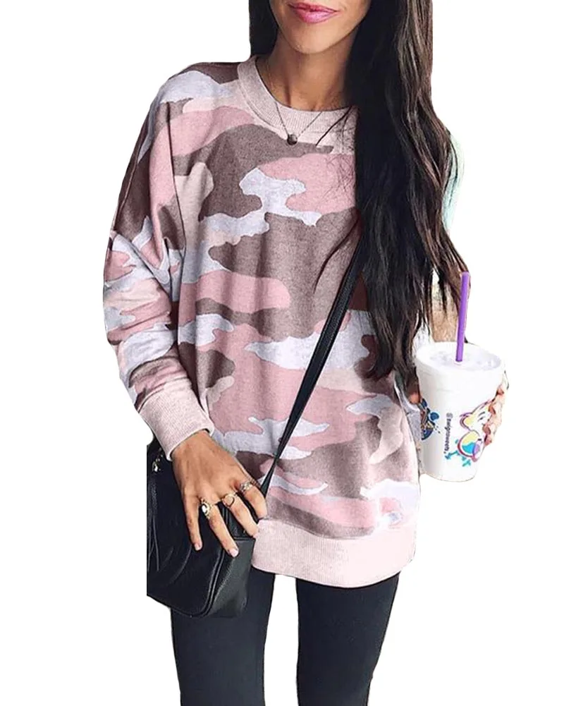 

Hitmebox Newly Autumn Women's Camouflage Leopard Print Long Sleeve Crew Neck Fit Casual Sweatshirt Pullover Tops Tee Shirts
