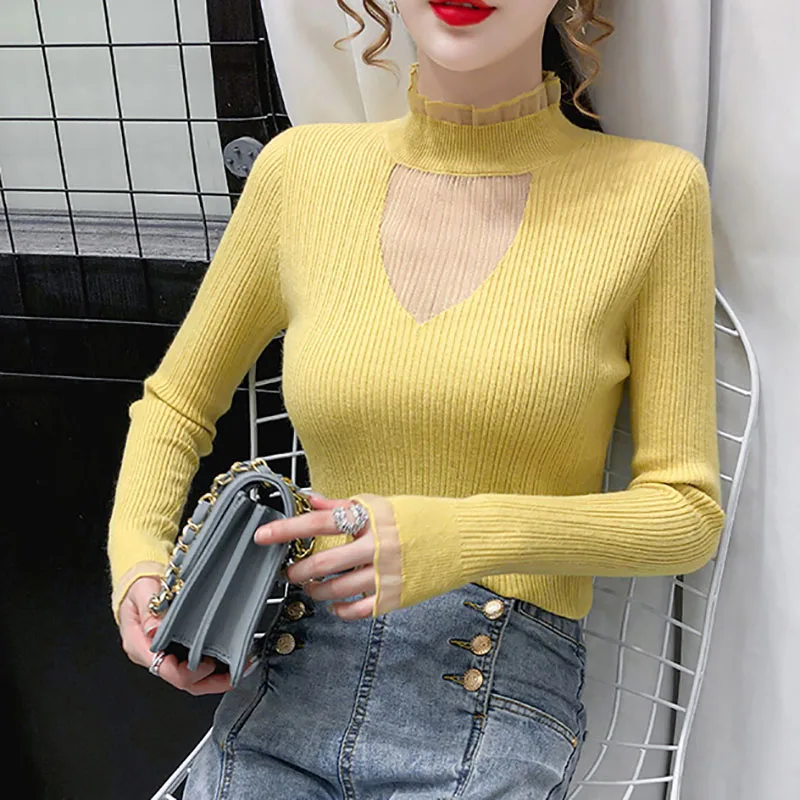 

Shintimes Lace Mesh Hollow Out Long Sleeve Ruffled Sweater Women Fall Slim 2020 Knitted Korean Style Pullover Woman Pull Femme