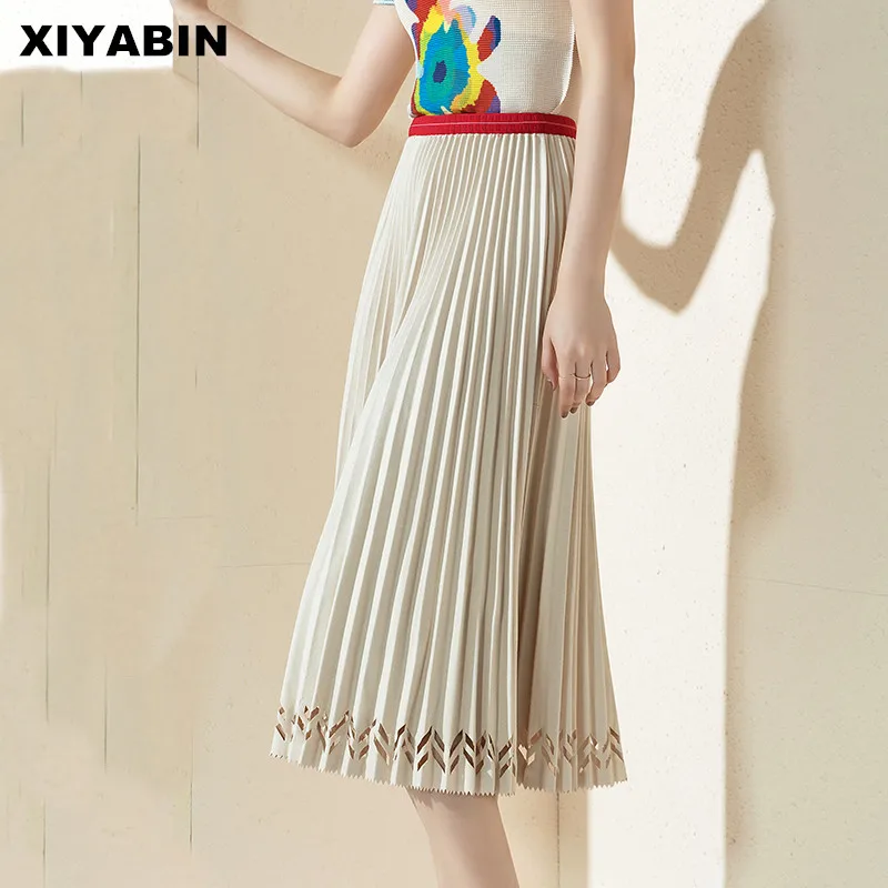 

High waist Pleated skirt Medium length A skirt 2019 Autumn and winter Fold Hollowed out Thick money Skirt