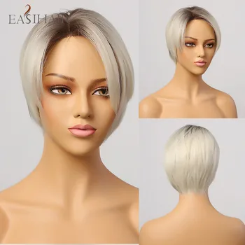 

EASIHAIR Short Hair Wigs Ombre Brown Blonde Hairline Part Lace Synthetic Wigs for Women Side Part Natural Hair Heat Resistant