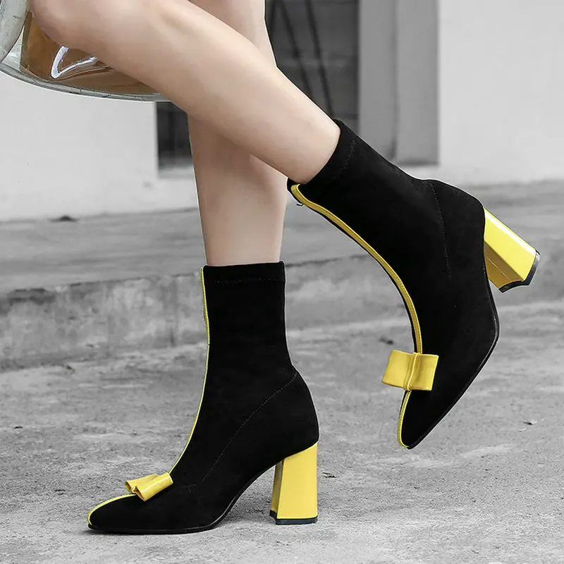 

Women Boots Sweet Bow Knot Thick High Heel Ankle Boots Female Fashion Slip On Pointed Toe Autumn Winter Boots Black Pink Yellow