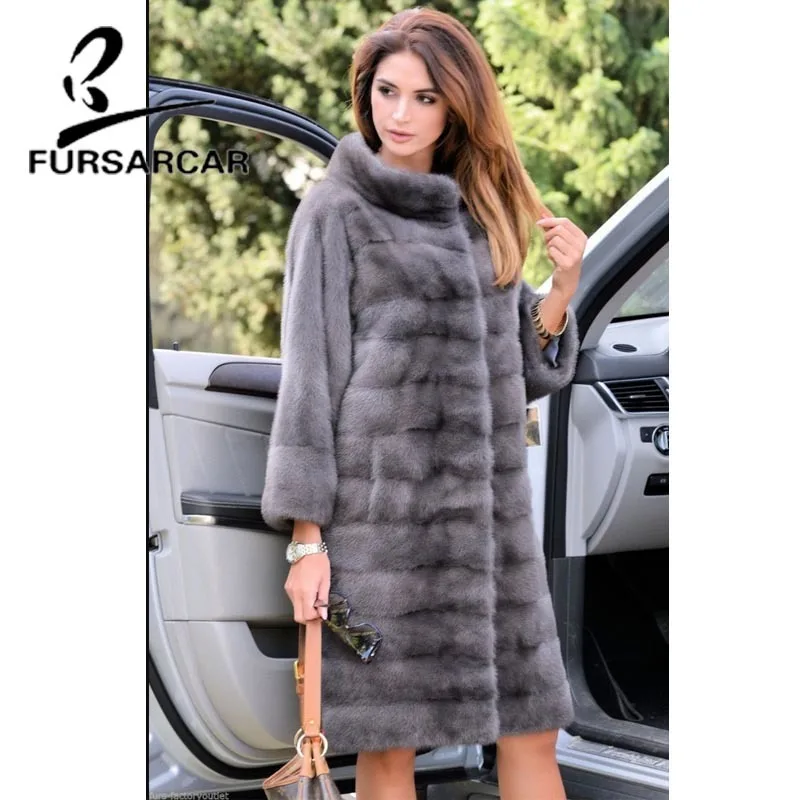 FURSARCAR 2018 Мода натуральный мех пальто Для женщин элегантные длинные Стиль зимой толстые норки пальто Англия Стиль норки Меховая куртка