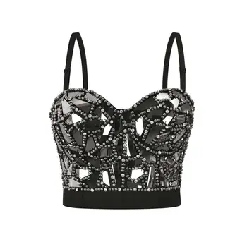 

Gray Sexy Rock Punk Bra Diamond & Pearl Decoration Push Up Bralette Lingerie Anti-light Shockproof Bra Clubwear Corset Plus Size