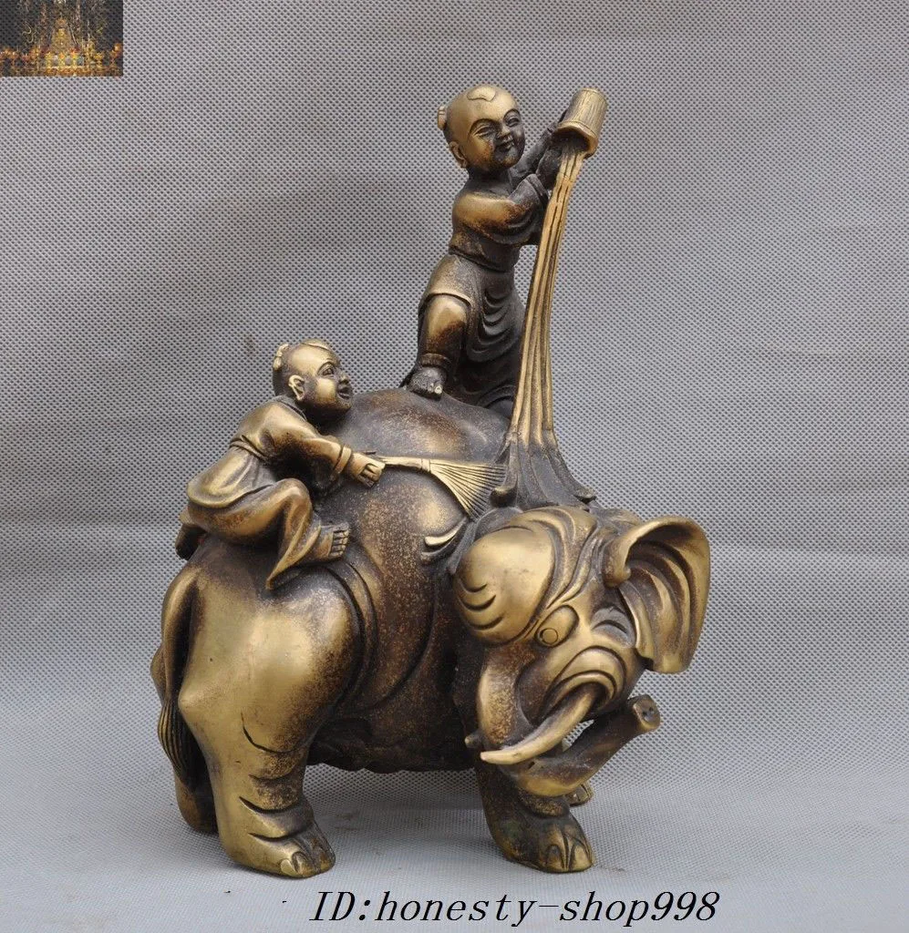 

wedding decoration9"old Chinese Bronze Feng Shui Tong Zi Boy ride elephant Lucky Statue sculpture christmas