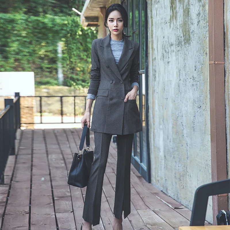 

Women's Suit 2019 Autumn and Winter New Fashion Professional Suit Temperament Gray Striped Split Fork Trousers Suit Pantsuit