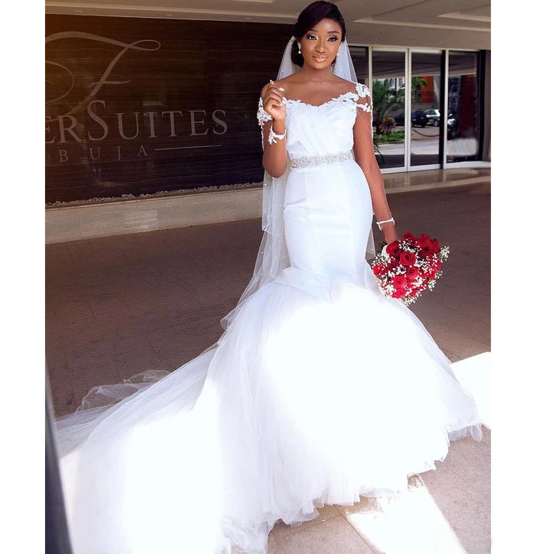 

KapokDressy Свадебные платья с открытыми плечами с длинным рукавом Русалка Стразы с поясом Пышные свадебные платья садовое платье