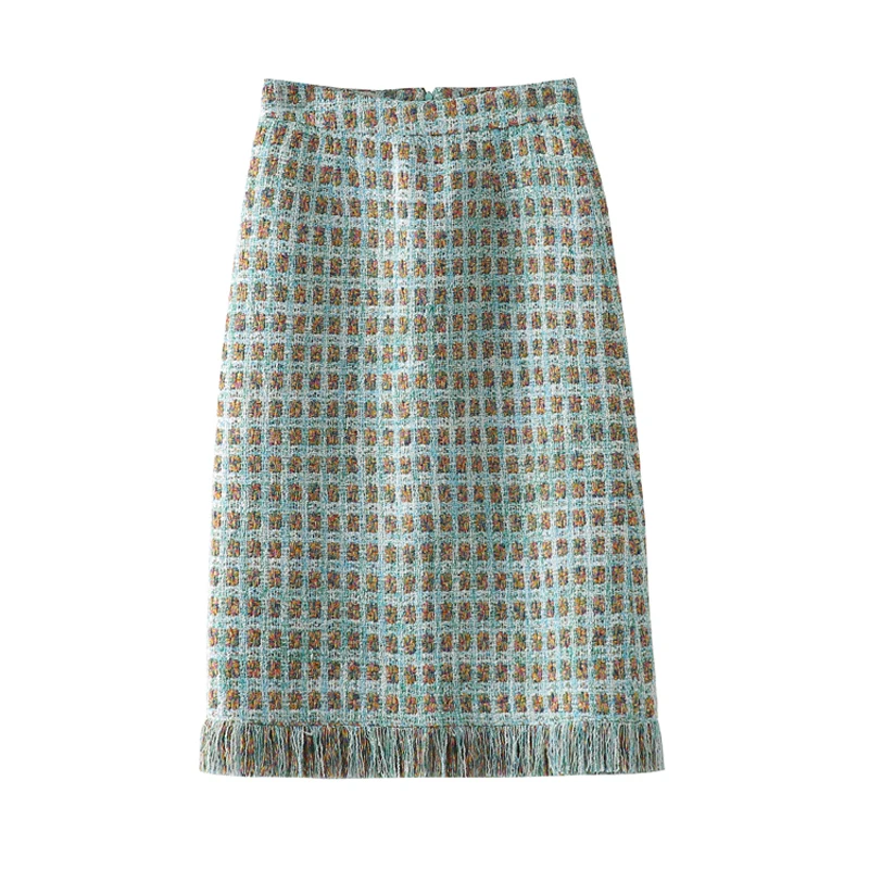 A-line Superior Tweeds Midi Skirt Female Autumn Spring Colorful Blue Green Wool Blends Skirts High Waist Tassels Tailor Custom | Женская