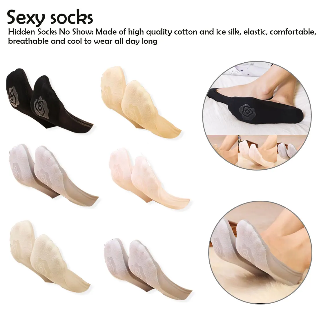 

5 Pair/ Lot Seamless Non-slip Invisible Cotton Bottom Ice Silk Women Summer Socks Fashion Shallow Mouth Silica Gel Sock Slippers