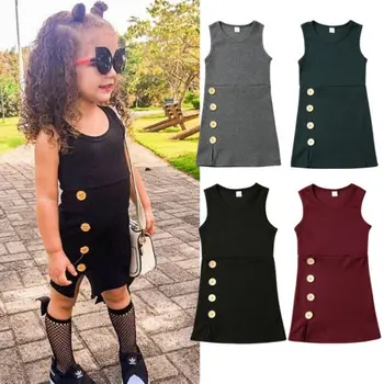 

1-4Y Infant Baby Girl Knit Dress Clothes Solid Sleeveless Button Knitted Plain Casual Straight Sundress Dresses