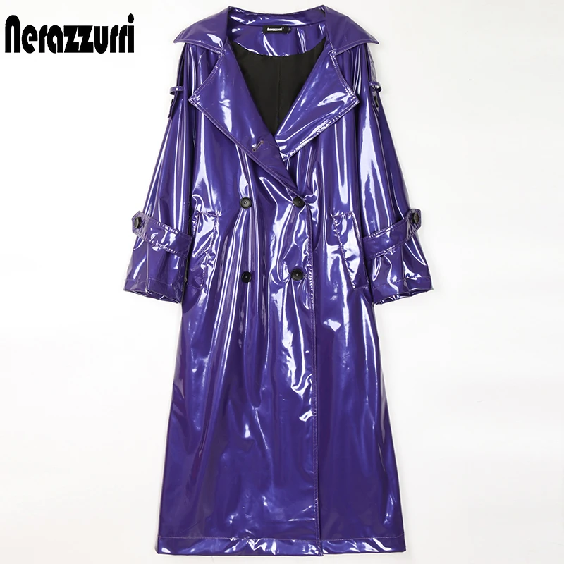 Nerazzurri Long waterproof black patent leather trench coat for