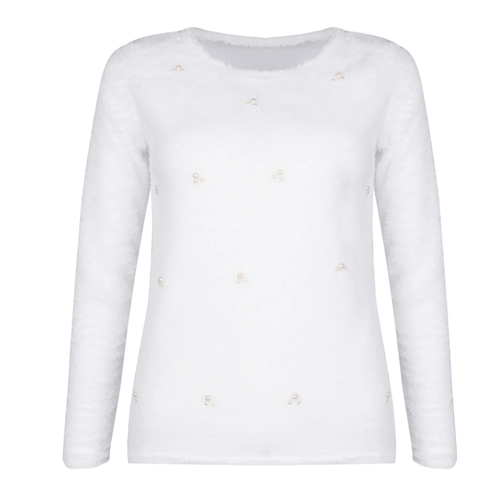 Hot Winter Women Fashion Faux Pearl Beading Solid Color Plush Long Sleeve Pullover Solid Color Warm Polyester Spandex pullover