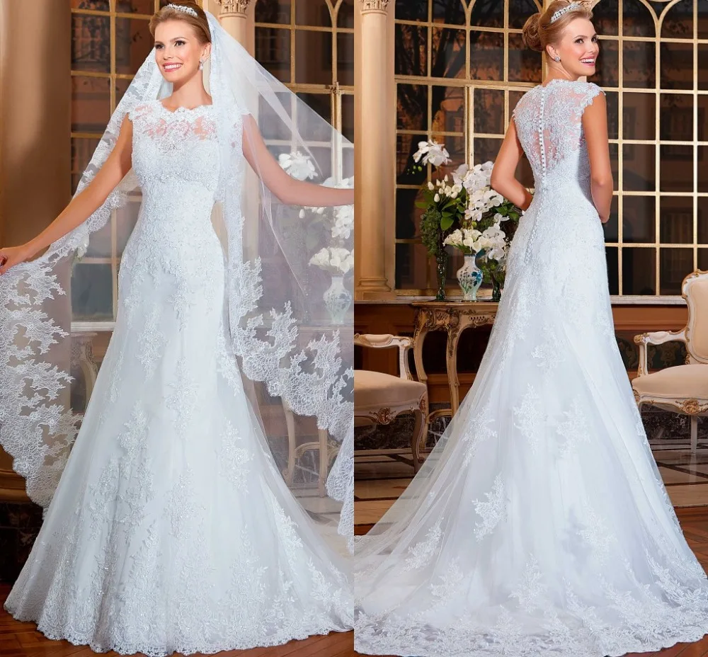 

Graceful vestidos de noiva Cutton Back Dress Beading Wedding dress VERNASSA Sheath Lace Wedding Dresses with Chapel Train