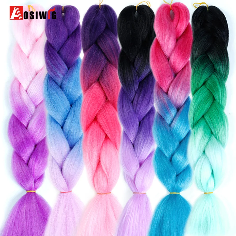 

AOSIWIG 24" Ombre Jumbo Synthetic Braiding Hair Crochet 100g/Pack Afro Bulk Pink Blue Purple Synthetic Hair