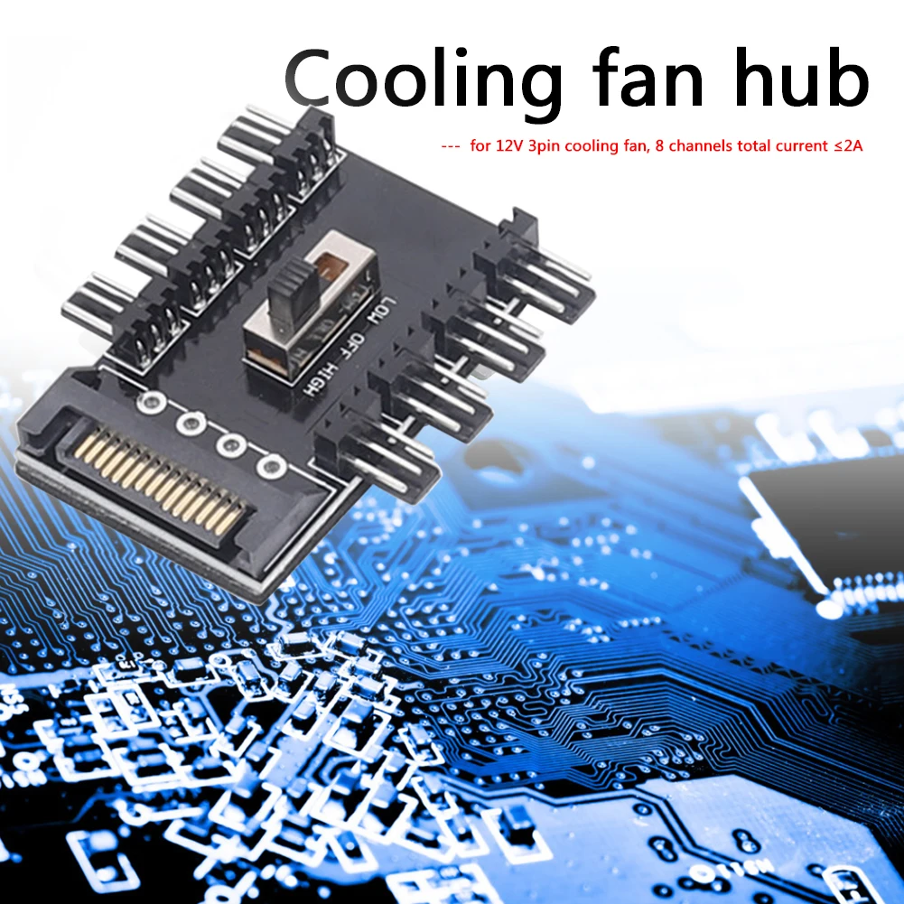 PC SATA 1 to 8 Splitter Cooling Fan Hub with 3Pin 12V SATA Power Socket, PCB Adapter, and 3-Speed Governor for Computer Case Fan Hub Board Description Image.