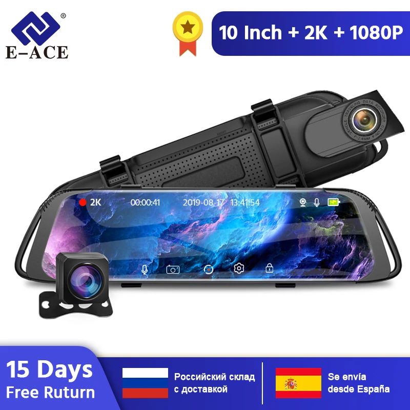 E-ACE Car Dvr FHD 1080P Stream Media RearView Mirror 2K Night Vision Video Recorder Registrator Wit