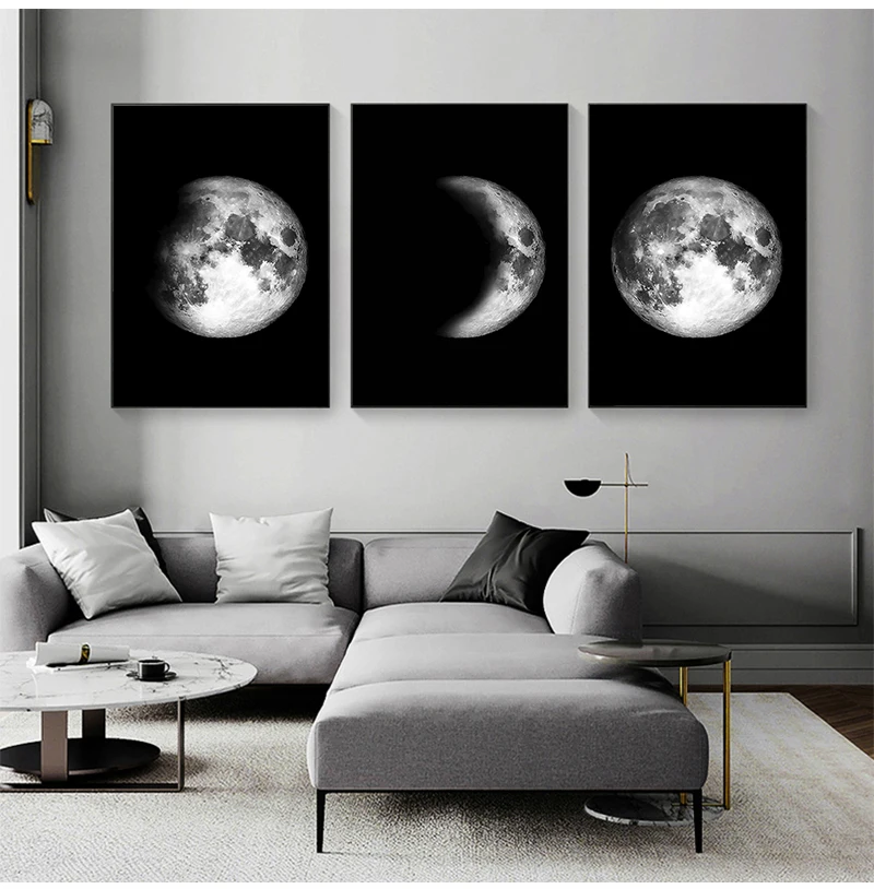 Black White Nordic Canvas Wall Print Minimalist Painting Modern Home Room Decoration Picture Moon Phase Galaxy Space Art Poster