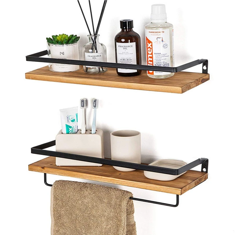 2 Pack Wall Decor Wood Rustic Floating Shelves, Storage Shelves with Towel  Bar for Bathroom, Kitchen, Bedroom, Living Room