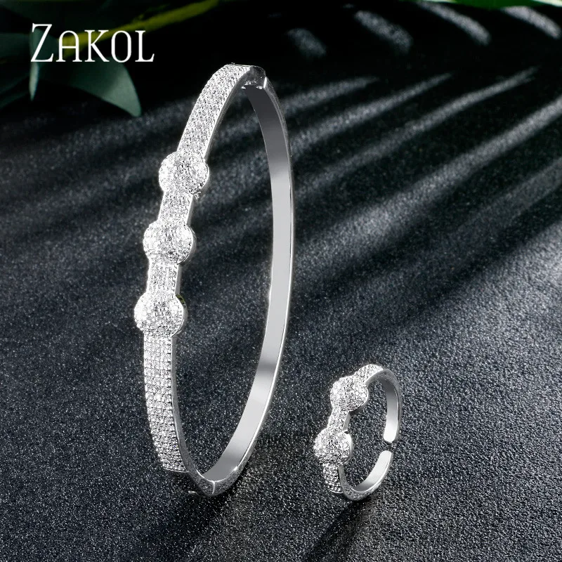 ZAKOL высокое качество кубический цирконий круглый Модный свадебный ювелирный браслет кольцо Набор для женщин свадебный ужин подарок на день рождения FSSP3099 - Окраска металла: White