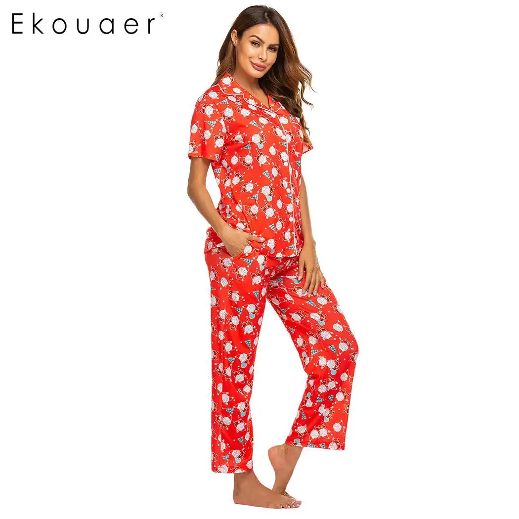Ekouaer/женская одежда для сна; пижамные комплекты с коротким рукавом; свободные рождественские топы с принтом; длинные штаны; осенние пижамы; ночное белье