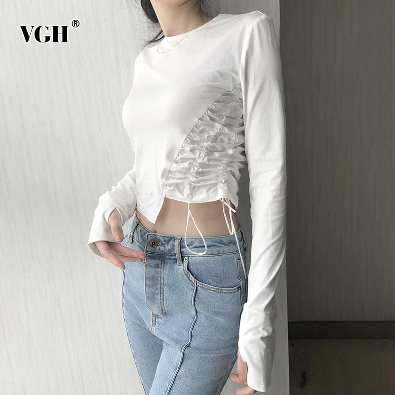 Женская футболка с круглым вырезом VGH на завязках рюшами длинными рукавами