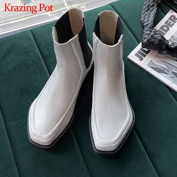 

Krazing Pot new arrival cow leather keep warm little little square toe low heels strange style slip on ankle boots L22