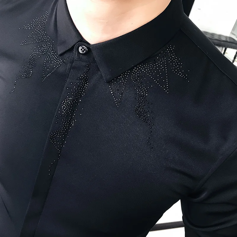 Горный хрусталь Для мужчин рубашка короткий рукав Повседневное Slim Fit рубашки Уличная Для мужчин платье смокинг Camisa Masculina черный, белый цвет