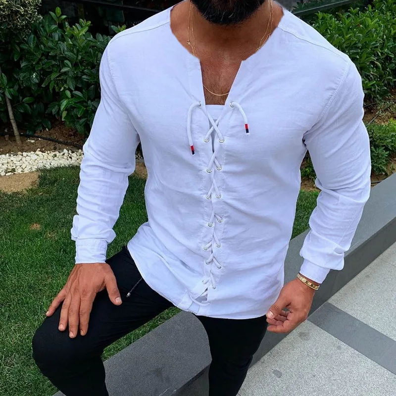 Men Fashion Long Sleeve V-neck Retro Shirts New Men Solid Color Lace Up Slim Fit Casual Shirts