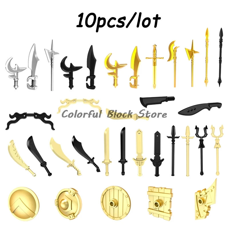 10PCS/LOT Building Blocks Medieval Warrior Soldier Accessories Weapon Spear Knife Sword Hammer Shield Toy Children Boy Gift MOC