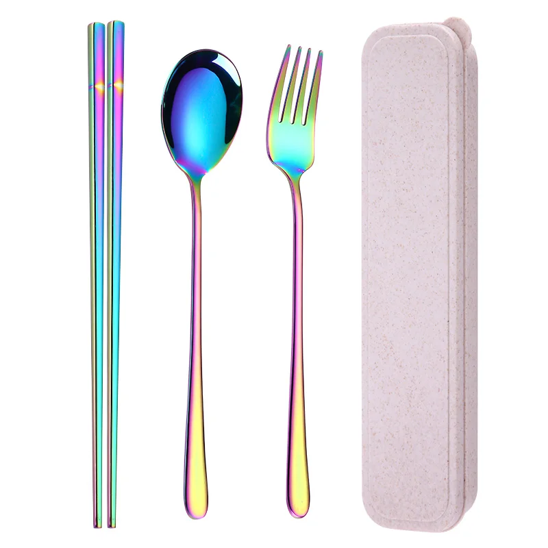 

Rainbow Colorful Gold-Plated Stainless Steel Chopsticks Fork Cutlery Spoon Box Three-Piece Set For Hotel Tableware Gift Party r