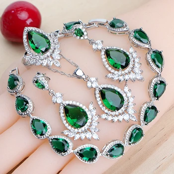 

Women Silver 925 Bridal Jewelry Sets Water Drop Green Zirconia Jewellery Wedding For Earrings Rings Bracelets Pendant Necklace