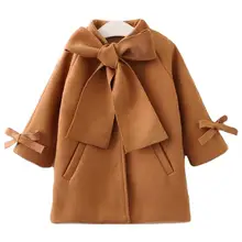 Осенне-зимнее теплое шерстяное пальто с бантом для маленьких девочек; Верхняя одежда; куртка-парка; коричневый осенне-зимний топ