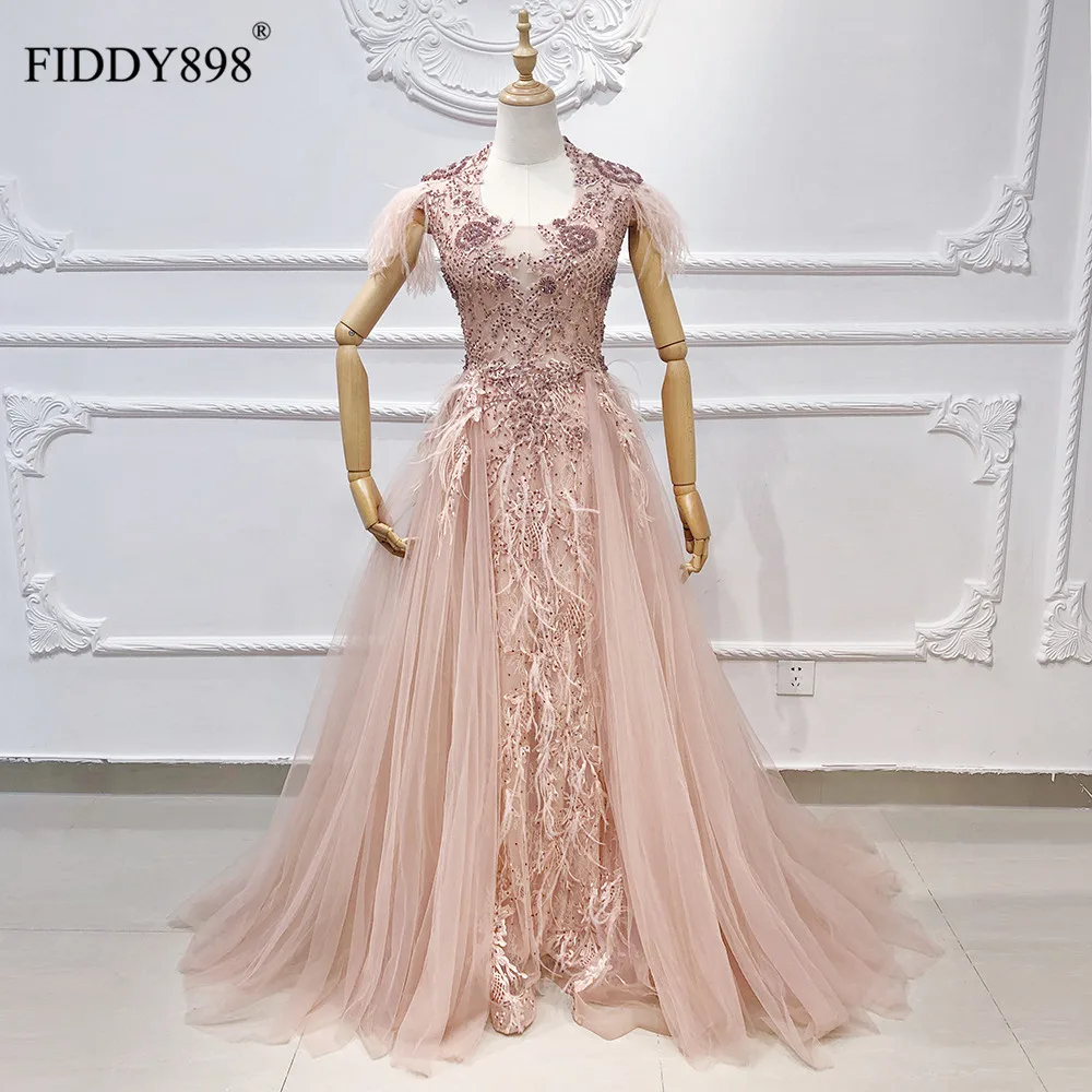 Dubai Evening Dress 2020 Feather Sleeve Lace Luxury Beaded Mermaid Gown Long Formal Party Vestido de Fiesta | Свадьбы и торжества