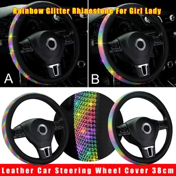 

Leather Car Steering Wheel Cover 38cm Glitter Rhinestone For Girl Lady Interior Accessories