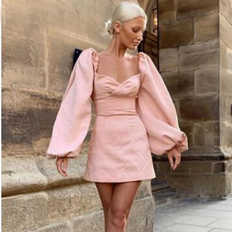 

yuqung vintage pink puff sleeve Dress women 2019 autumn long sleeve square collar party bodycon short Mini Dresses streetwear