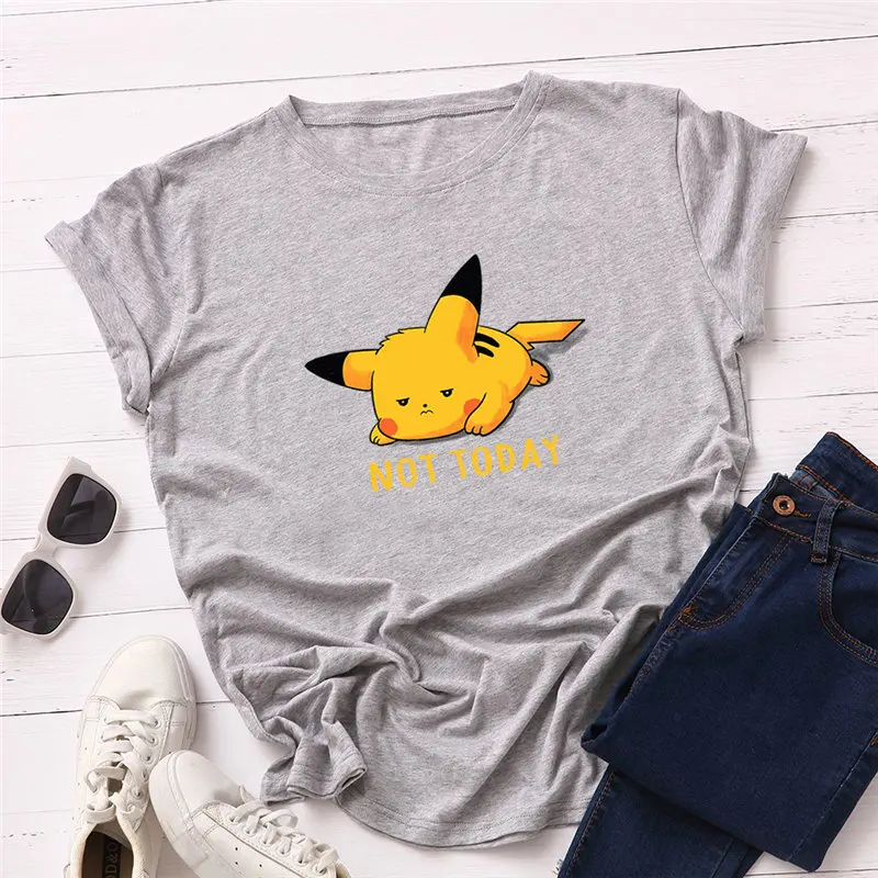 Light Gray Модные женские футболки из хлопка с коротким рукавом размера плюс, женская футболка с принтом Пикачу, женские футболки, S-5XL - Цвет: Light Gray