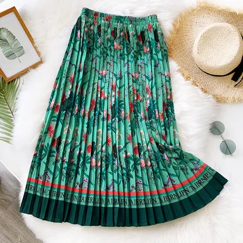 

Women Skirts Casual Elastic High Waist Midi Skirt Green Floral Printed beach Bohemian pleated skirt Chic Chiffon Skirts