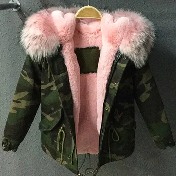 

Military Style Camouflage Short Parka For Chileren Pink Color Real Raccoon Fur Collar And Faux Fur Lining Coat With Cotton Rope