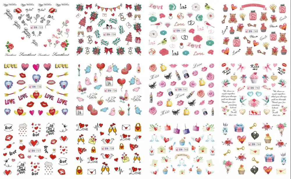 12 шт романтические наклейки на День святого Валентина, Слайдеры для украшения ногтей, наклейки, сексуальные губы, цветок, сердце, тату-обертывания - Цвет: type 2