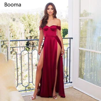 

Sexy Red Off the Shoulder Prom Dresses Sweetheart High Slits Side Soft Satin Evening Dresses A-Line Wedding Party Dresses