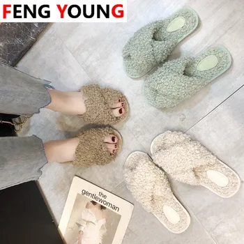 

Winter Fashion Women Home Slippers Faux Fur Warm Shoes Woman Slip on Flats Bowtie Female Slides Plus Size wholesale