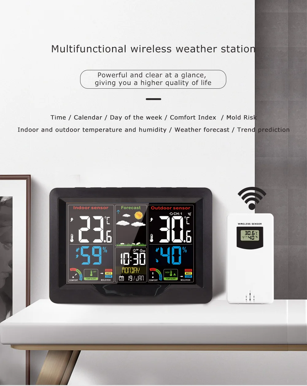 estação meteorológica digital com relógio despertador barômetro sensor ao ar livre temperatura meias do tempo forcast função soneca