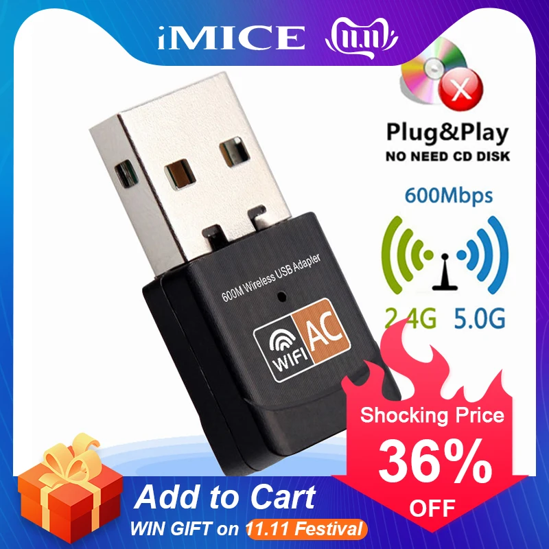 

iMice USB WiFi Adapter PC 600Mbps AC Mini Wireless Wifi Antenna Network Card Dual Band 2.4+5.8Ghz Lan Ethernet Adapter 802.11ac