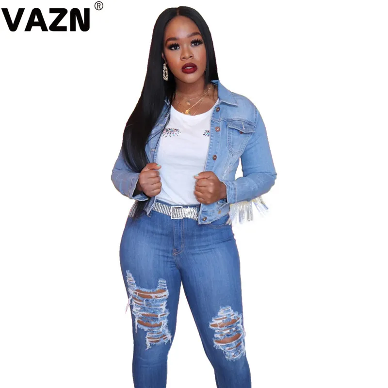 VAZN XMY9203 новая джинсовая верхняя одежда для молодых негодных тяжелой промышленности с кисточками Повседневная однотонная с длинным рукавом Wild Joker Женская короткая верхняя одежда