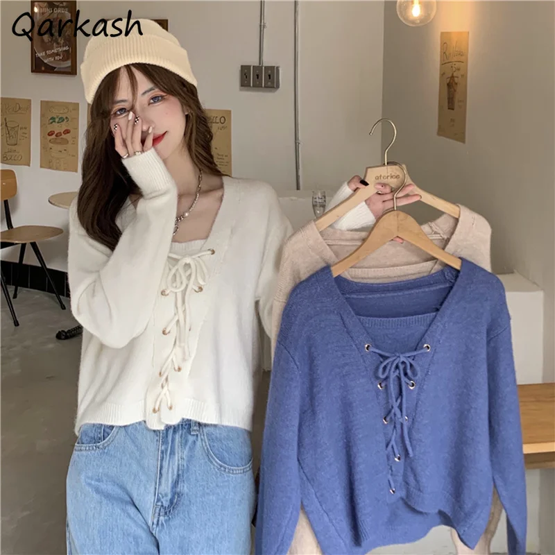 

Lace-up Pullovers Women French Style Solid Tender Ins Casual V-neck Fit Holiday Popular Cropped Romance Girlish Retro Street New