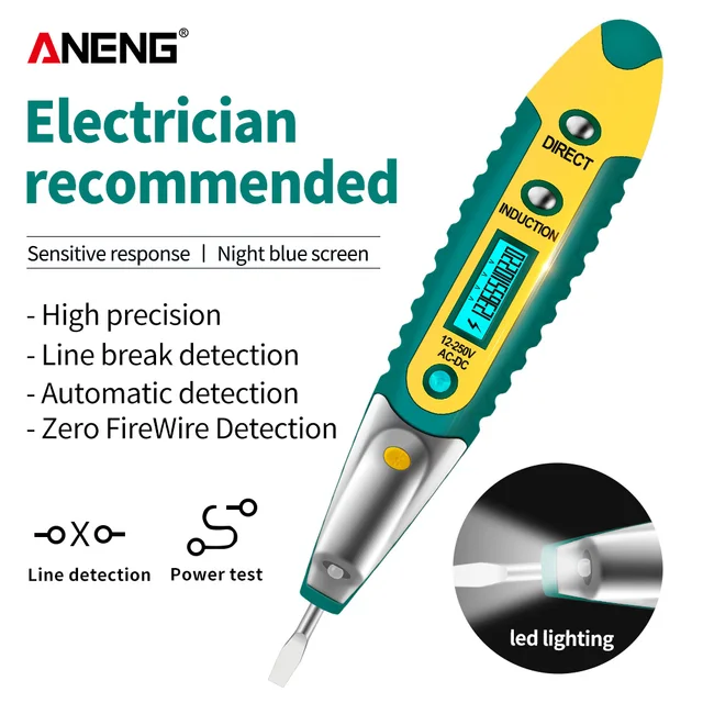 Probador Digital de lápiz de prueba, bolígrafo Detector de voltaje eléctrico, destornillador con pantalla LCD, CA/CC de 12-250V, para herramientas de electricista 2